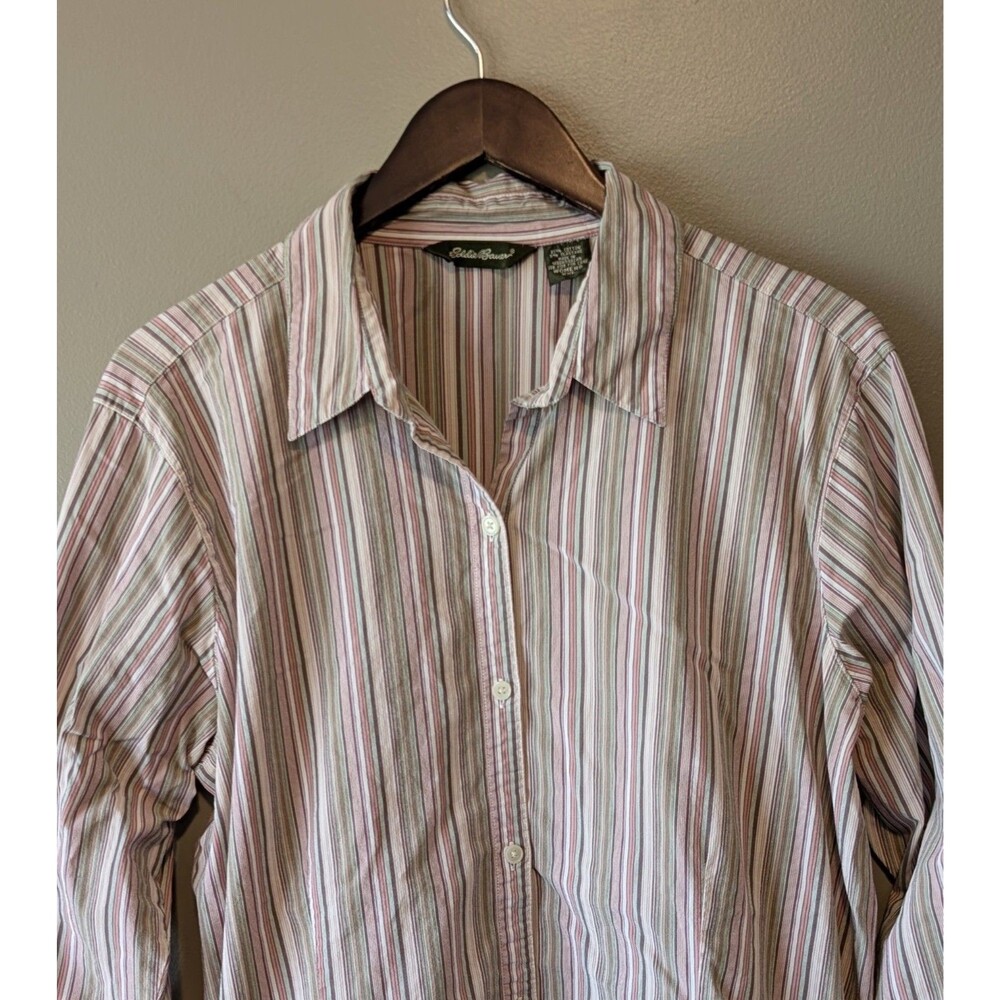 Eddie Bauer Womens XXL Vintage Striped Button Down Shirt Pink Green Stretch